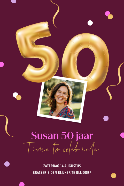 Goudlook ballon uitnodiging 50 jaar met foto en confetti