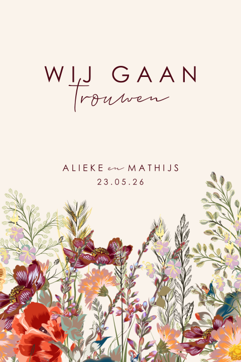 Trouwkaart floral met kleurrijke bloemen
