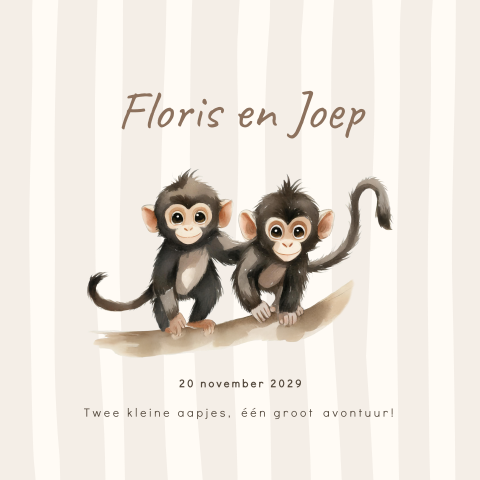 Tweeling geboortekaartje met twee babyaapjes en strepen