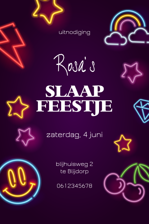 Slaapfeestje uitnodiging met glow in the dark illustraties