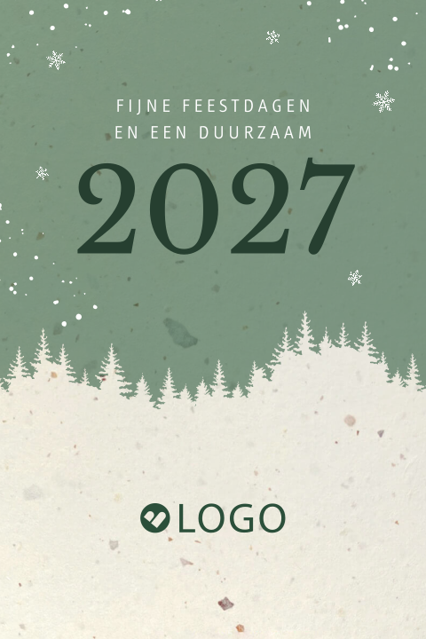 Duurzame zakelijke kerstkaart met kerstbomen, sneeuw en jaartal