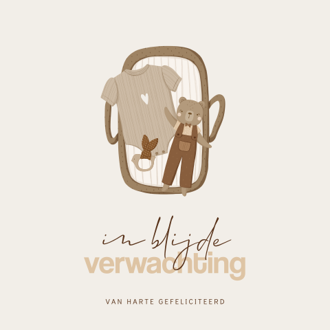 Neutrale felicitatiekaart zwangerschap met mandje, rompertje, knuffel