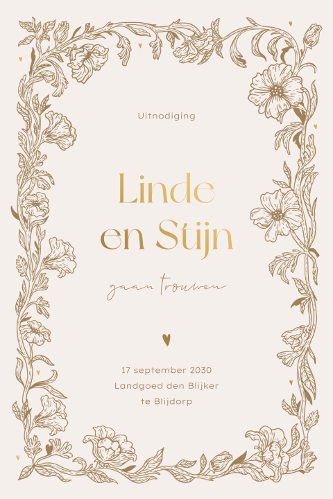 Stijlvolle trouwkaart met bloemenkader en luxe goudfolie