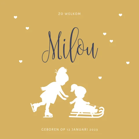 Winter silhouet kaartje met zusjes op schaatsen en slee