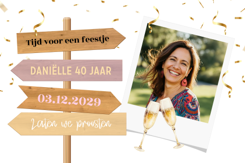 Uitnodiging voor een verjaardag foto wegwijzers en confetti