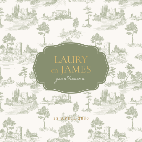 Trouwkaart met Toile de Jouy landschap en luxe foliedruk