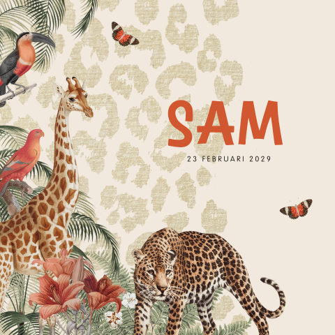 Unisex jungle geboortekaartje met panterprint en jungledieren