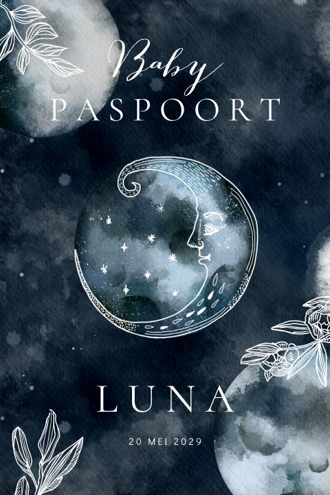 Spiritueel unisex geboortekaartje paspoort met maan en sterren