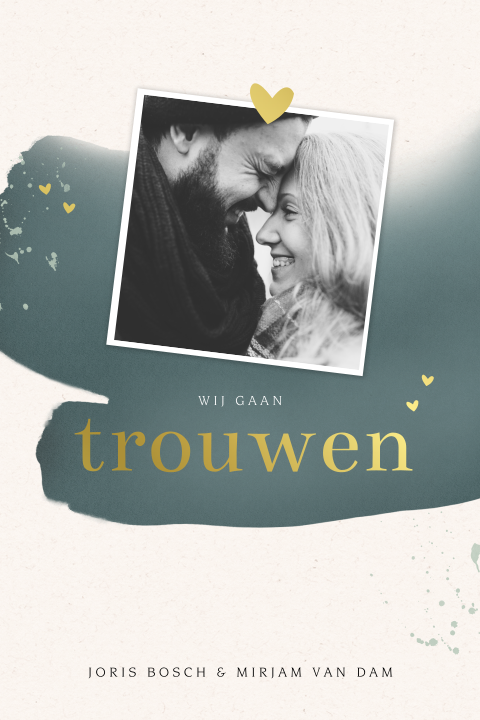 Moderne goudfolie trouwkaart met foto en aquarel veeg