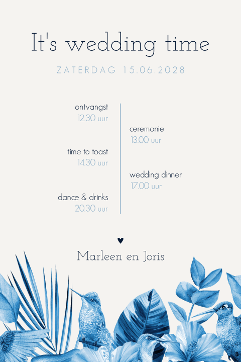 Tijdlijn trouwkaart Delfts blauw met kolibries en bloemen
