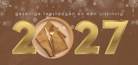 Zakelijke kerstkaart horeca met jaartal 2027 en foto bestek
