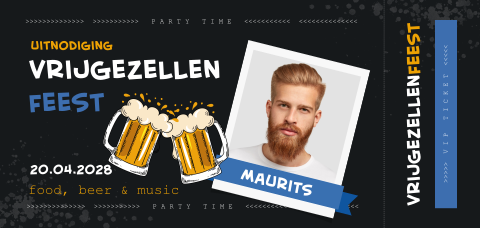 Ticket uitnodiging vrijgezellenfeest man met bier en foto