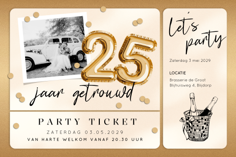 Goudlook 25 jaar getrouwd uitnodiging met confetti en champagne
