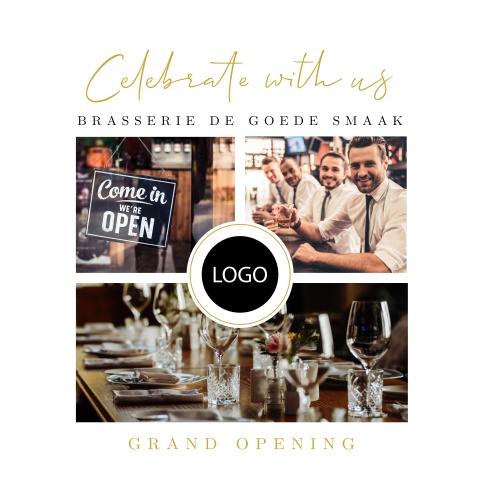 Uitnodiging opening bedrijf met 3 foto's en logo