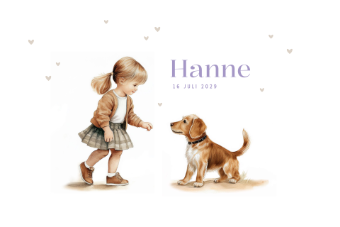 Meisje geboortekaartje met hond en hartjes