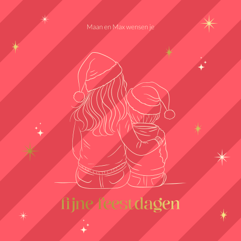 Kerstkaart lijntekening grote zus en broertje met foliedruk