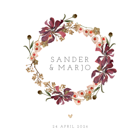 Trouwkaart bloemen met bordeaux accenten