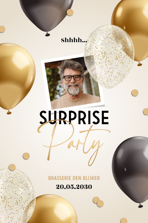 Surprise party uitnodiging verjaardag met foto en ballonnen