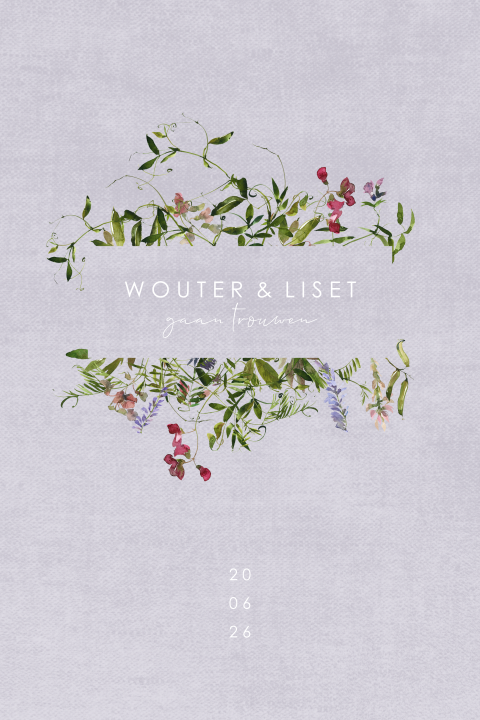 Trouwkaart met ronde hoeken, veldbloemen en linnen achtergrond