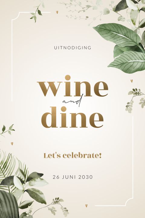 Verjaardag uitnodiging wine and dine met botanische bladeren
