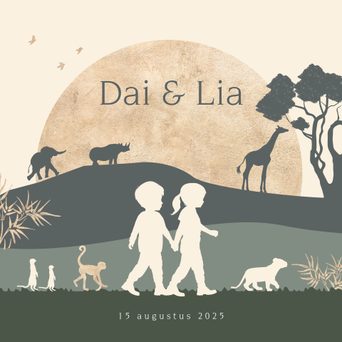 Tweeling jungle geboortekaartje met silhouet jongen en meisje