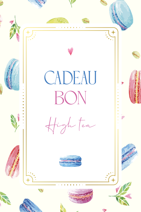 High tea cadeaubon met macarons, bladeren en hartjes
