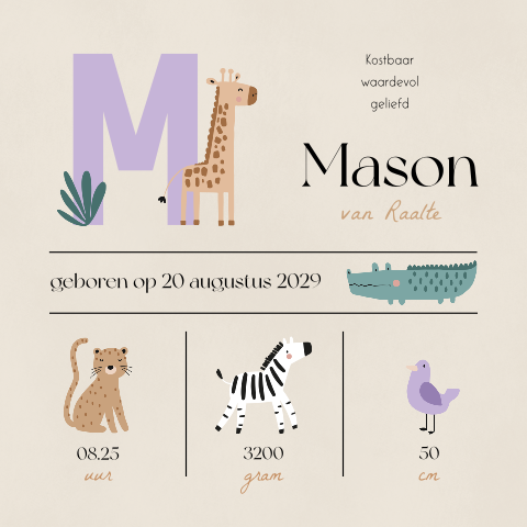 Geboortekaartje unisex geboortegegevens safari dieren