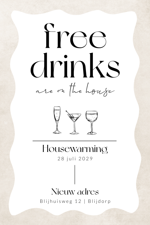 Housewarming uitnodiging free drinks met illustraties