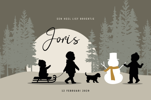 Winter silhouet geboortekaartje broertje op slee met sneeuwpop