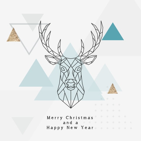 Hippe kerstkaart met geometrisch rendier en vlakken in trendy kleuren