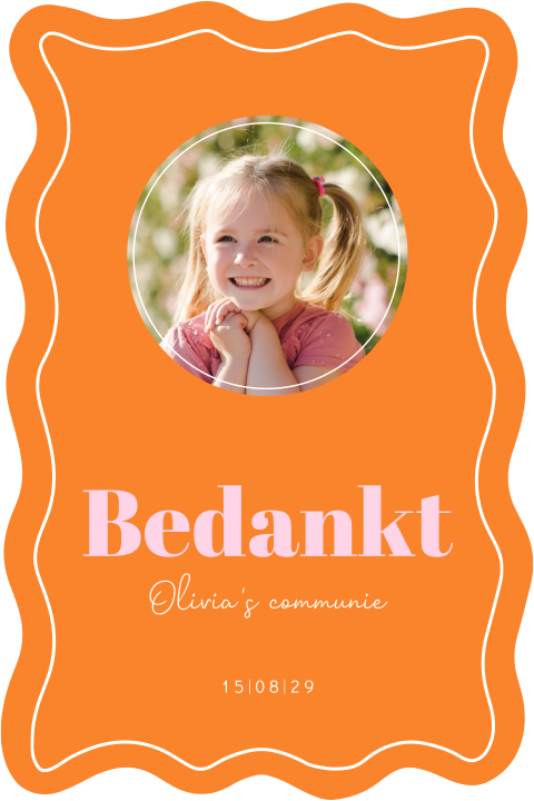 Kleurrijke communie bedankkaart met organische vorm en foto