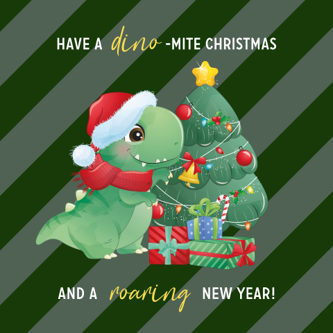 Vrolijke dino kerstkaart met kerstboom en cadeautjes