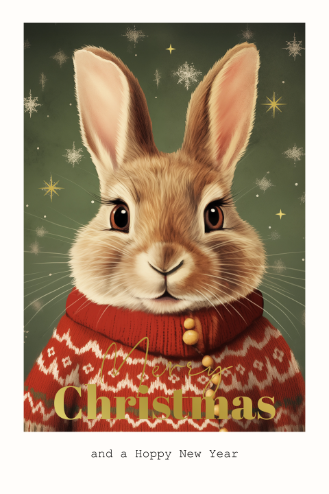 Vintage kerstkaart met een konijn met kersttrui en foliedruk