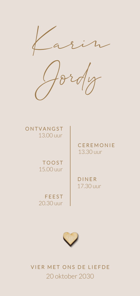 Rustige trendy trouwkaart met tijdlijn en echt houten hartje