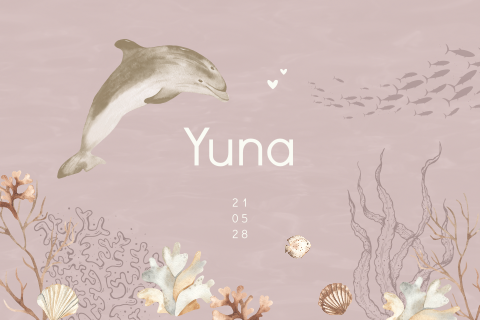 Zee geboortekaartje meisje met dolfijn en koraal