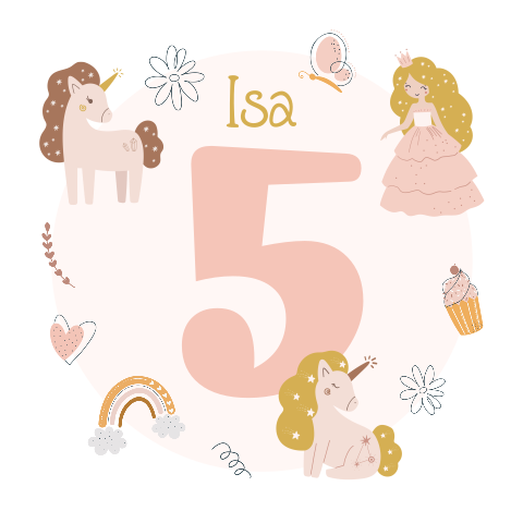 Prinses uitnodiging kinderfeestje 5 jaar met unicorns