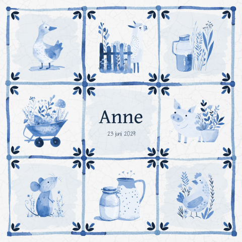 Oud Hollands unisex geboortekaartje als Delfts blauw tegeltje