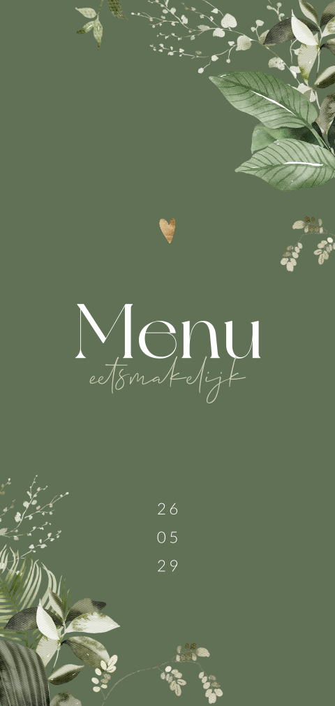 Menukaart met botanisch blad en hartje