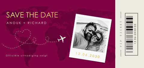 Save the Date paspoort uitnodiging met wereldkaart en foto