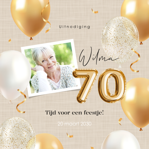 Verjaardagsfeest uitnodiging 70 jaar met eigen foto en ballonnen