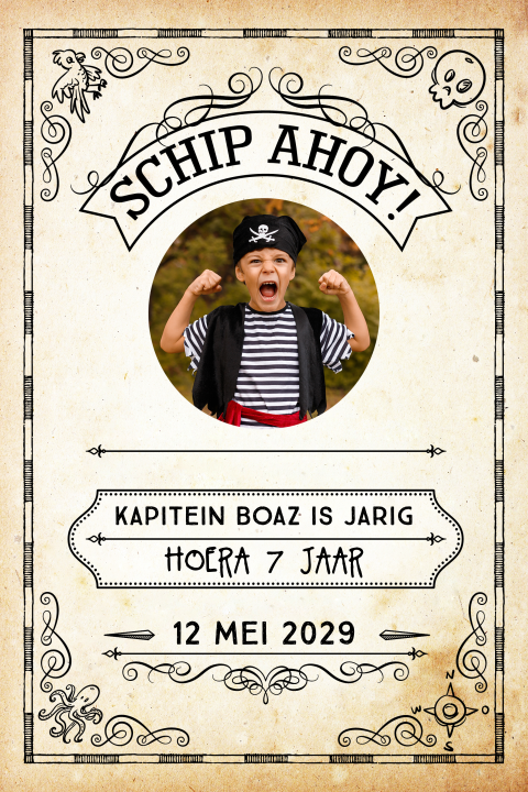 Schatkaart uitnodiging voor een piraten kinderfeest met eigen foto