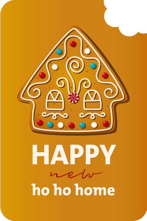 Grappige kerstkaart verhuiskaart met koekjeshuisje en hapje uit kaart