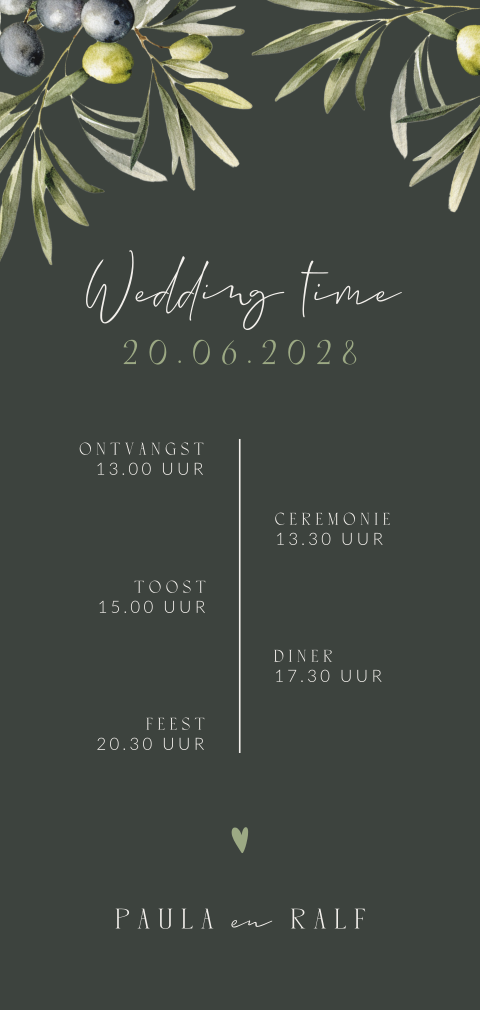 Stijlvolle trouwkaart met tijdlijn en olijftak