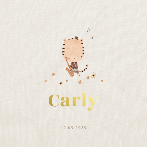 Tijgertje met saxofoon geboortekaartje voor meisje met ronde hoeken