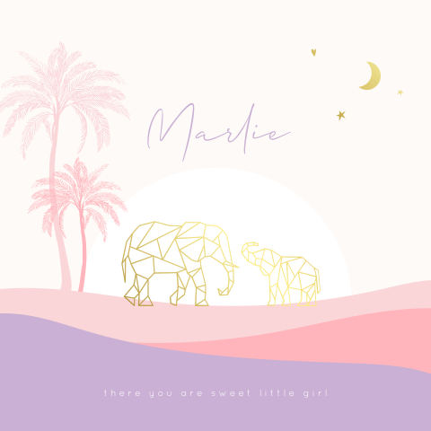Luxe rondhoek meisjeskaartje met goudfolie en geometrische olifanten