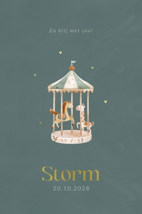 Geboortekaartje jongen met draaimolen en hartjes in foliedruk