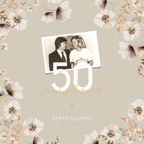 Bloemen uitnodiging met foto 50 jaar getrouwd