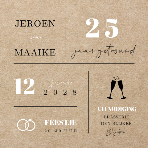 Uitnodiging 25 jaar getrouwd typografisch met symbolen en karton look