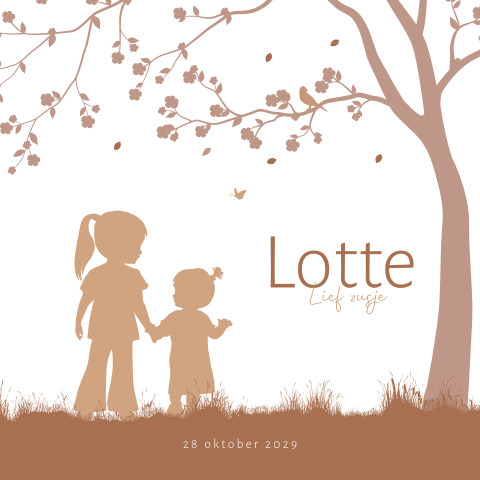 Grote zus met zusje geboortekaartje met silhouet