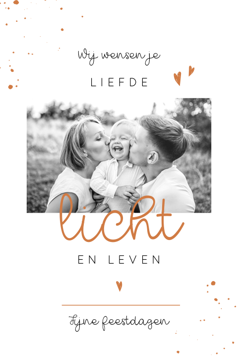 Christelijke kerstkaart met foto en "liefde licht leven"